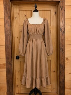 Smocked Waist Maxi Dress in Warm Tan with Long Puff Sleeves